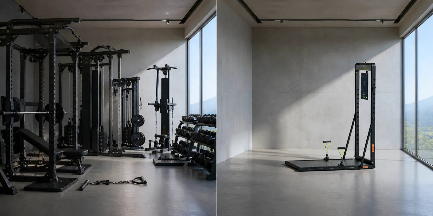 A room of separate gym stations beside one OMNI X1 Pro in an empty room